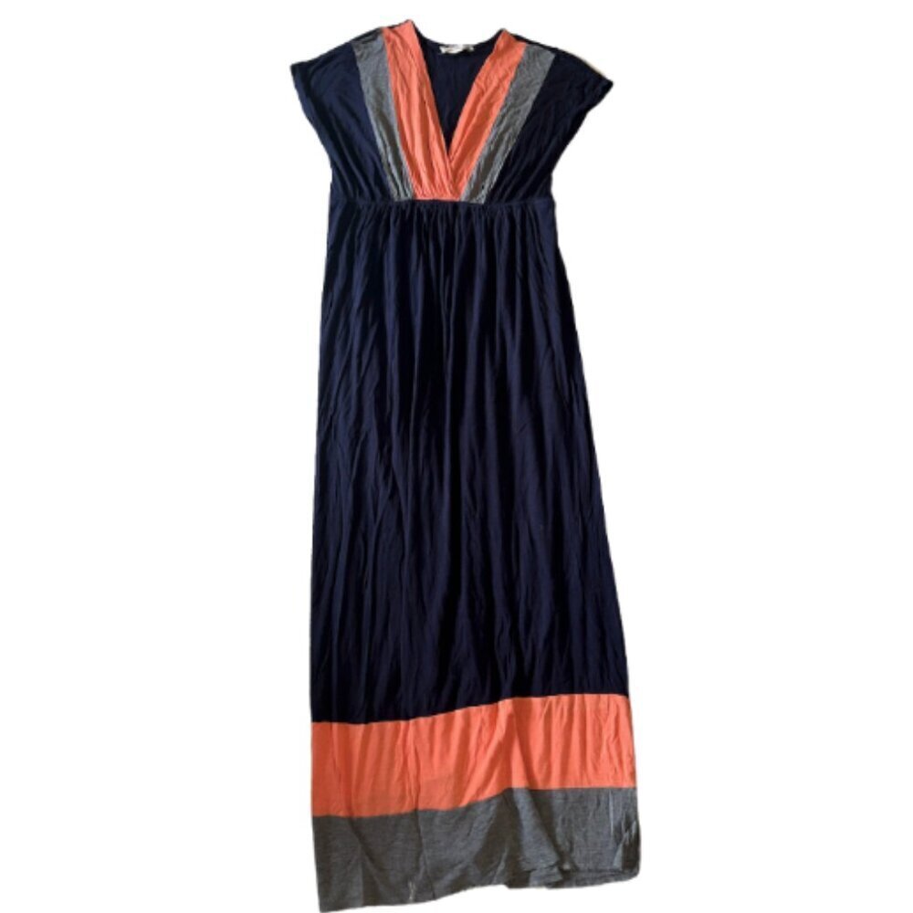 Colorblock Short SLeeve V Neck Maxi Dress - Coral, Gray, Navy Blue - Large